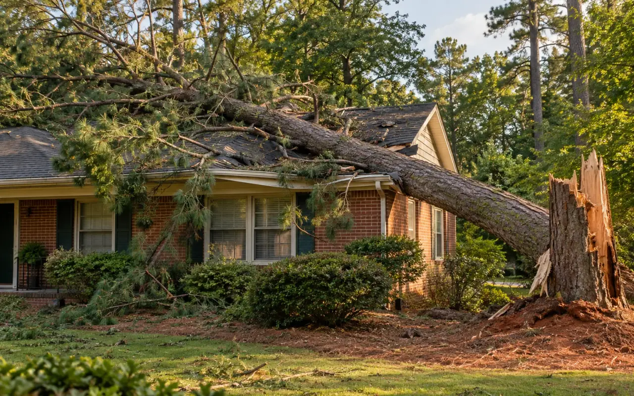 A snapped pine lying across the roof of a red brick ranch house